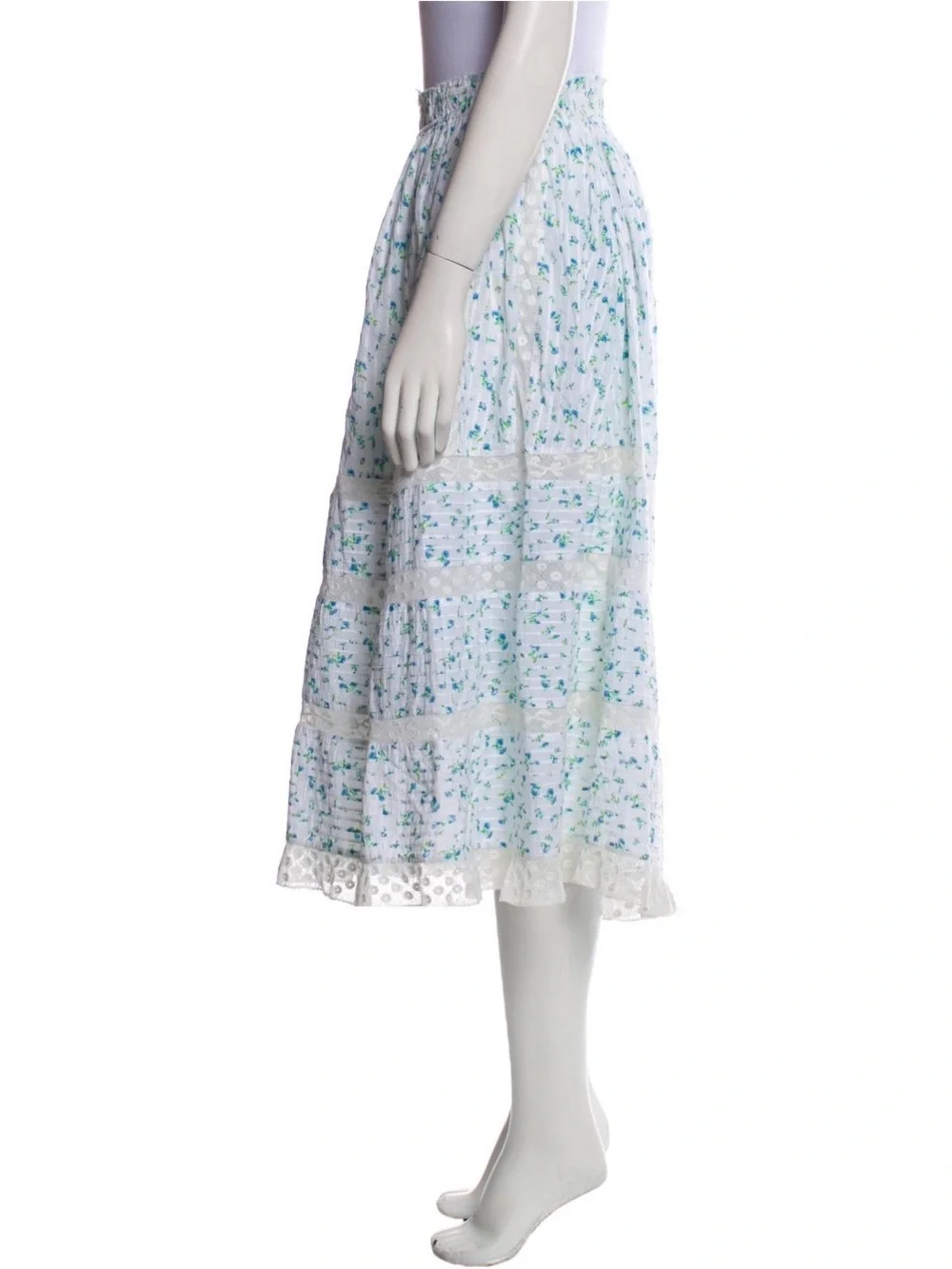 LoveShackFancy Floral Lace A-Line Skirt Blue White Cottagecore Medium $400